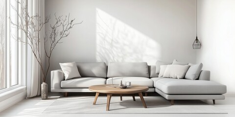 Stylish modern living room in rustic style. Cozy living room arrangement with sitting area, soft blankets, earthly colored pillows and house plants.