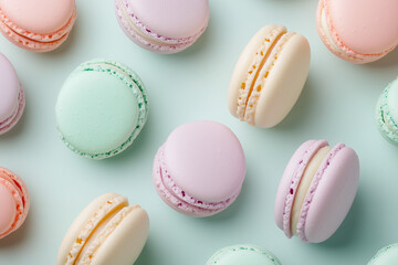 Fototapeta premium Colorful pastel macarons on soft background. Perfect for dessert blogs, patisserie branding, or sweet treat visuals