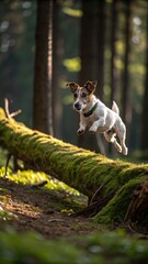 Fototapeta premium Dog jumping over mossy log in forest action photography nature scene vibrant environment dynamic perspective