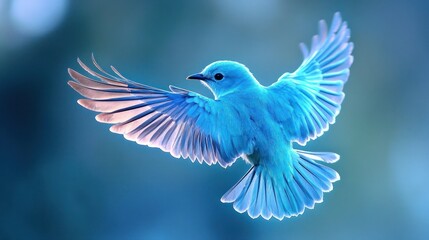 Obraz premium Vibrant blue bird in flight. A striking image of a vibrant blue bird soaring through a soft-focus teal background. 