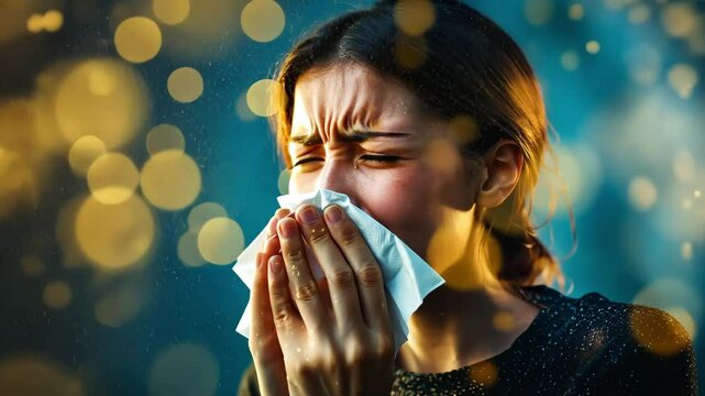 Woman mid-sneeze with tissue, surrounded by a swirling cloud of colorful pollen particles, seasonal allergy