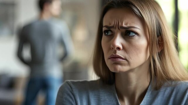 A couple sits in a cozy living room with clear tension. The woman looks worried and upset while the man turns his back, indicating unresolved issues in their relationship
