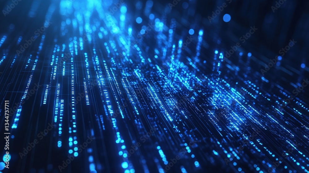 Poster cascading blue binary code stream in digital environment