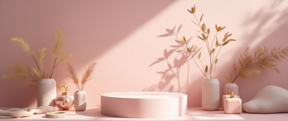 pastel pink minimalist product display with dried plants and soft lighting