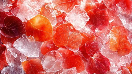   A photo of a magnified selection of leaves resting atop an array of interlocking ice blocks