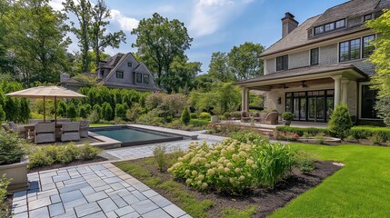 Backyard retreat featuring a landscaped garden and tranquil pool area in a residential setting