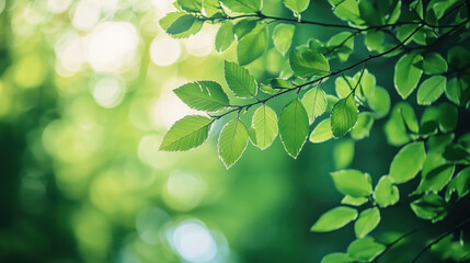 Obraz premium Fresh Green Leaves Bathed in Sunlight, Set Against a Blurred Forest Background, Creating a Peaceful and Vibrant Natural Atmosphere