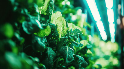 Rows of fresh vegetables thriving in a sleek vertical farm, illuminated by soft blue LED lights