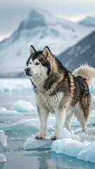 Majestic husky dog on icebergs arctic region wildlife photography winter landscape side view nature's serenity