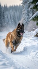 Naklejka premium Playful dog running through snowy forest trail winter wonderland animal photography outdoor adventure dynamic perspective joyful moment