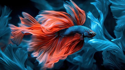   A close-up of a Red and Blue Siamese Fish in a bed of Blue and White Flowers on a Black Background