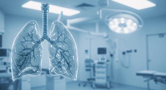 representaci&oacute;n de unos pulmones sanos transparentes y de fondo un hospital 