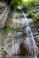 A stunning waterfall cascades down a rocky cliff, surrounded by vibrant greenery. The serene and refreshing scene captures the beauty of unspoiled nature, perfect for outdoor and travel themes.