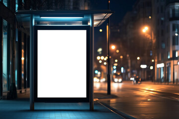 Empty illuminated billboard at bus stop in city at night. Perfect for urban advertising mockups, marketing presentations, or branding concepts