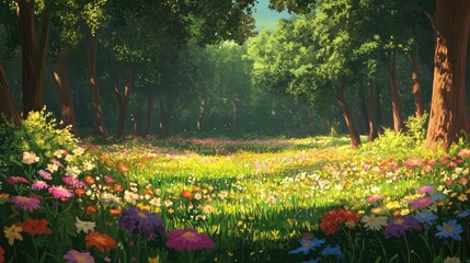 Vibrant Blooming Meadow Surrounded by Lush Trees in a Sunlit Forest Setting with Colorful Flowers and Green Grass