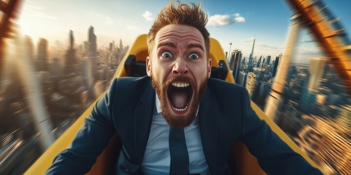 Businessman ride fast pace on roller coaster in amusement park. Frightened entrepreneur facing business setbacks, illustrating the emotional rollercoaster of entrepreneurship.