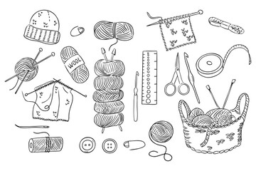 A hand-drawn knitting and crochet set with yarn, needles, a knitted hat, and various sewing accessories. The design represents creativity, handmade crafts, and the art of knitting