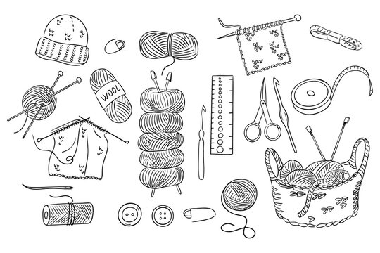 A hand-drawn knitting and crochet set with yarn, needles, a knitted hat, and various sewing accessories. The design represents creativity, handmade crafts, and the art of knitting