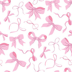 Pink bows seamless pattern. Cute minimalistic coquette bows. Vintage ribbon print for party decoration, gift wrapping, textile. Hand drawn flat design vector illustration.
