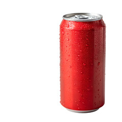 A chilled red aluminum soda can with water droplets, isolated on white or transparent PNG. Ideal for summer refreshment ads and beverage branding.