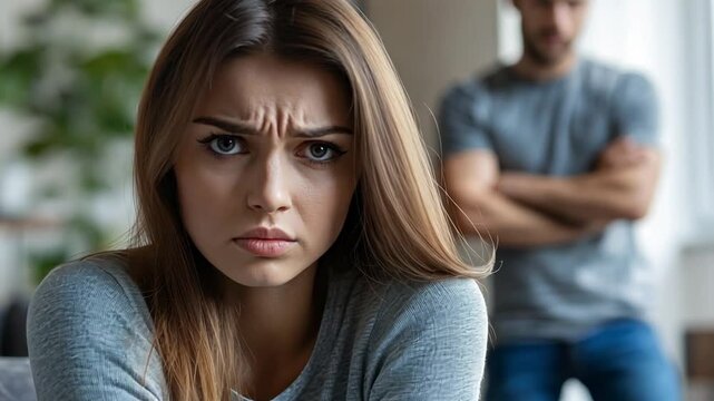 A woman shows signs of distress while sitting on a couch, with her partner standing nearby, looking withdrawn. The atmosphere suggests an unresolved conflict in their relationship