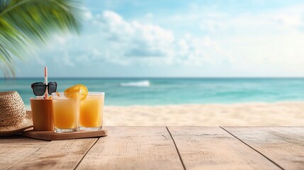 Wooden Table Setup with Drinks by the Beautiful Beach View