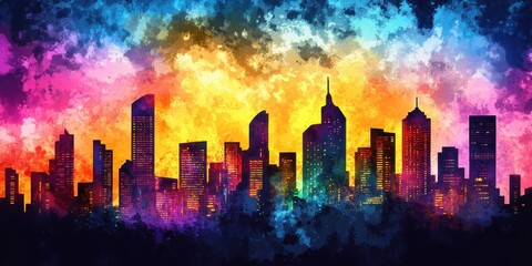 A colorful urban cityscape is set against a vibrant painted sky