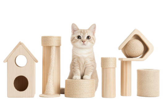 Cute cat with wooden play structures at home