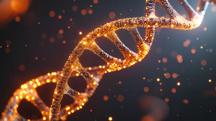 Glowing DNA Molecule with Orange and Yellow Particles