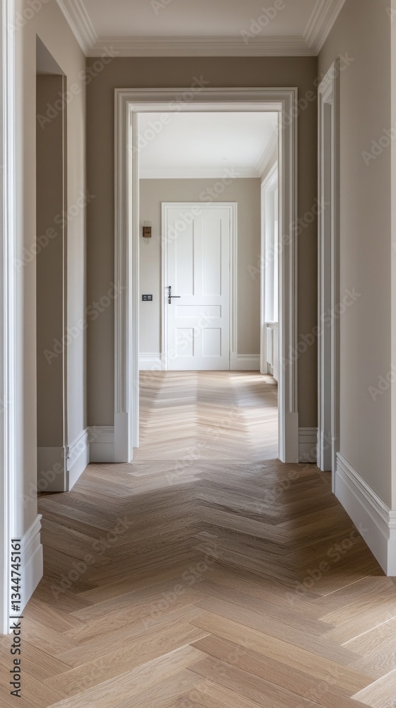 Poster sunlight streams through large windows, casting soft shadows along the chevron-patterned hardwood fl