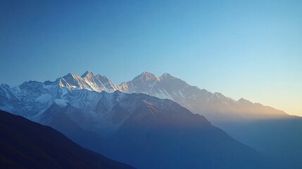 Morning Light on Snowy Peaks of Lhotse at Sunrise in Clear Sky