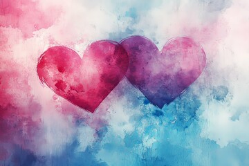 Obraz premium Two overlapping watercolor hearts painted with pink and blue hues