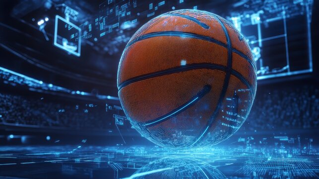 Basketball in digital arena with audience