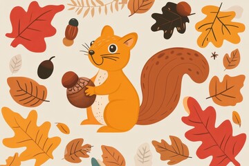 A cheerful squirrel holds an acorn surrounded by autumn leaves
