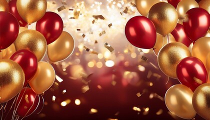 Gold red balloon confetti background for graduation birthday happy New Year opening sale concept usable for banner poster brochure ad invitation flyer template