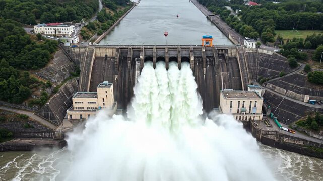 Aerial view of massive dam releasing powerful water flow. Multiple spillways discharging white water from hydroelectric facility. Renewable energy production concept. Water management, flood control