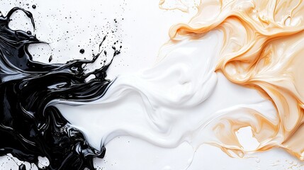  A white, black, and orange liquid swirls on a white and black surface with a splash of water at the base