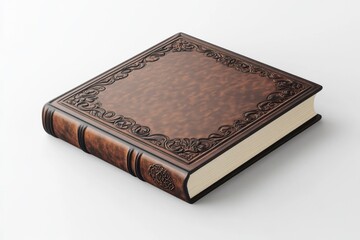 Fototapeta premium A hardcover journal with an embossed design lying on a desk isolated on a white background perfect for showcasing elegance and creative utility.