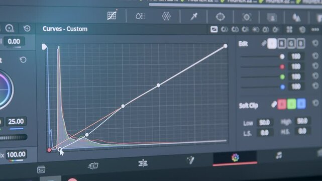 Colorization curves. Color grading indicator. Video colorization program. Post-production color correction in progress. Close-up of computer monitor. Filmmaker colorist edits commercial films