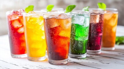 Soda water of different flavors with ice cubes in glasses on white wooden table, top view