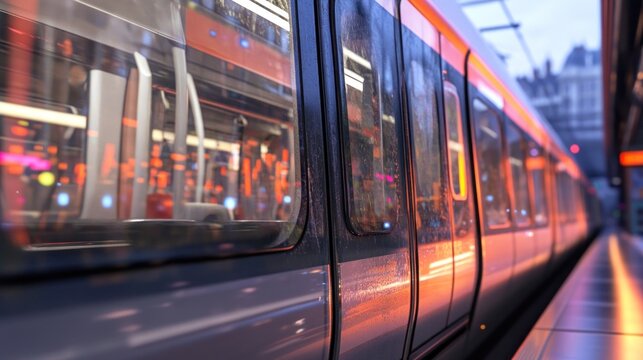 Modern Train at Night with Illuminated Windows and Raindrops on Glass