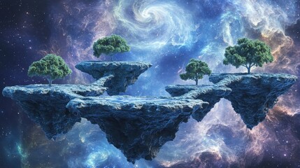 Obraz premium Floating islands with trees above swirling cosmic nebulas and stars