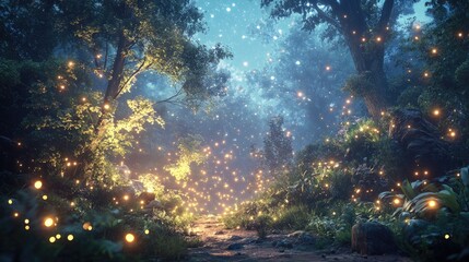 Obraz premium Enchanted Forest with Glowing Lights, Magical Atmosphere, Vibrant Nature, Mystic Landscape at Dusk