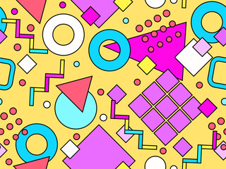 Seamless pattern with colorful geometric shapes with a black outline. Geometric pattern with Memphis elements in 80s style. Design of wallpaper, wrapping paper, and printing. Vector illustration
