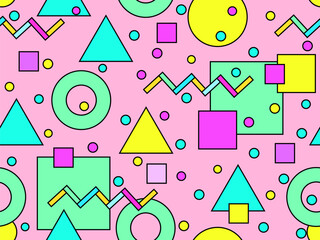 Seamless pattern with colorful geometric shapes with a black outline. Geometric pattern with Memphis elements in 80s style. Design of wallpaper, wrapping paper, and printing. Vector illustration