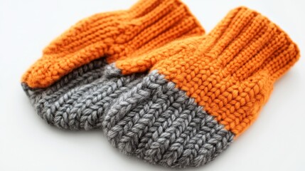 Warm, soft, winter items and household items. Beautiful orange, gray, insulated, knitted gloves are located on a white plastic background.