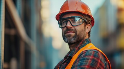 Portrait of a construction worker in safety gear looks thoughtfully towards the camera