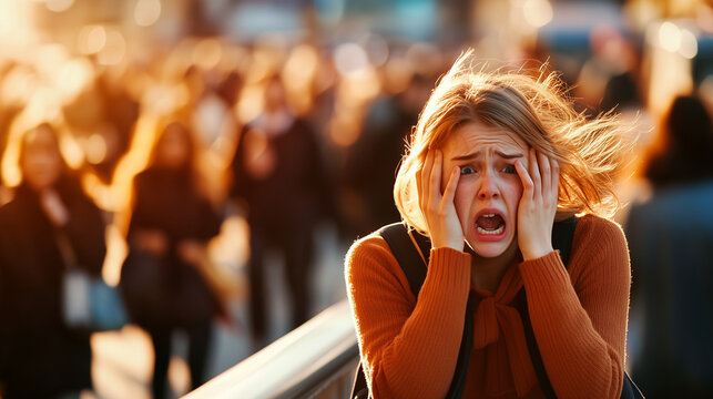 A young woman experiencing severe anxiety in a bustling urban environment, hyperventilating as she grips a nearby railing for support. Her vision is tunnel-like, drowning in sensor