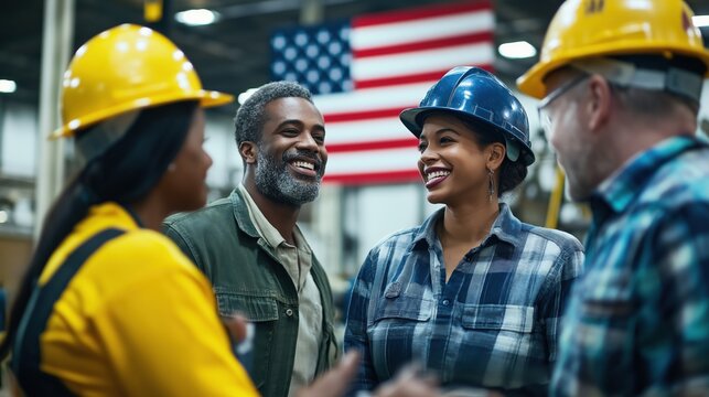 A diverse group of factory workers in safety gear sharing a lighthearted conversation in an industrial setting with an American flag in the background. The image represents teamwork, labor pride