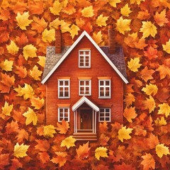 A brick home covered in autumn leaves with a white roof